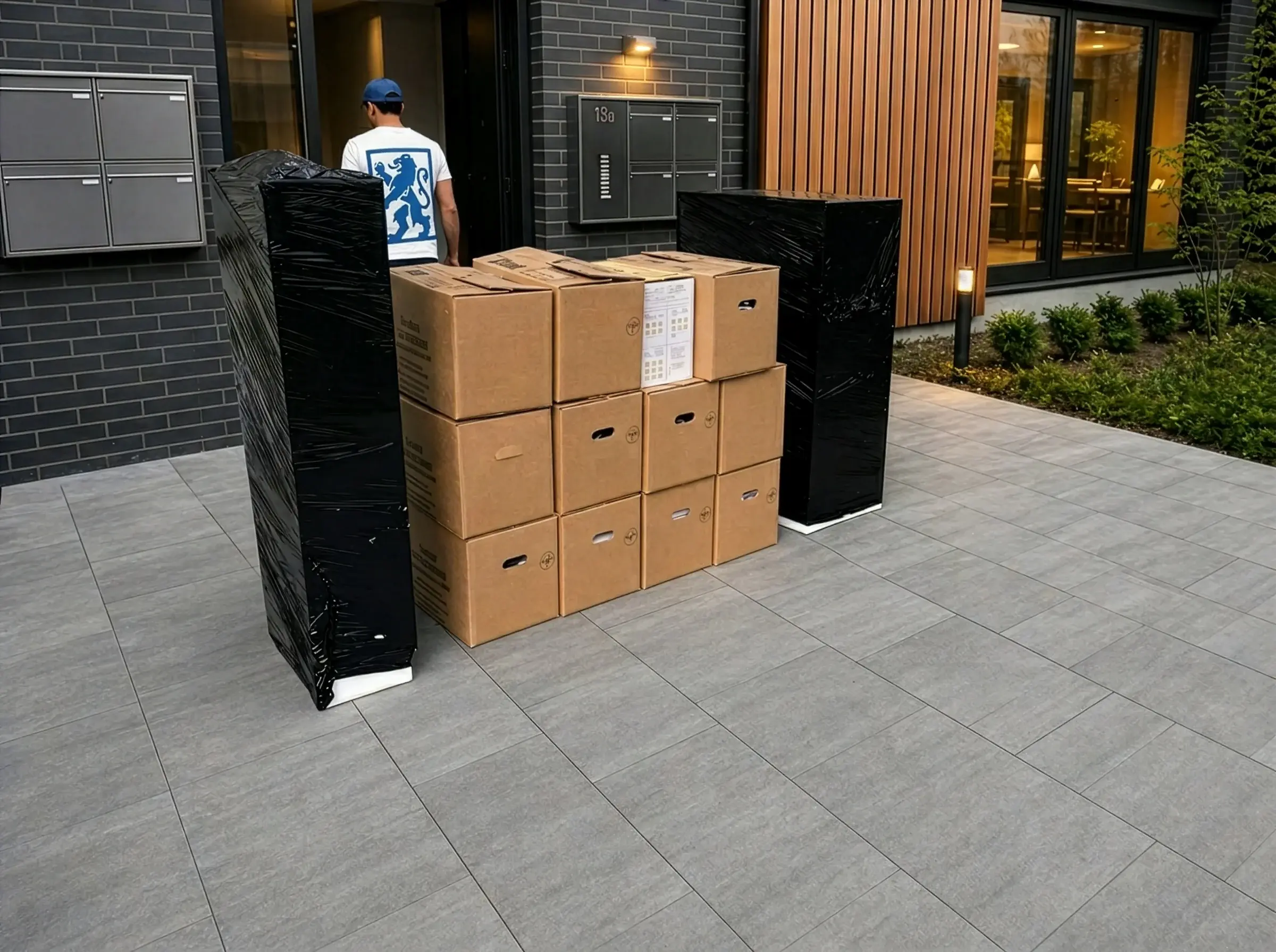 Sorgfältig eingepackte Möbel in der Einfahrt — voll versichert beim Transport