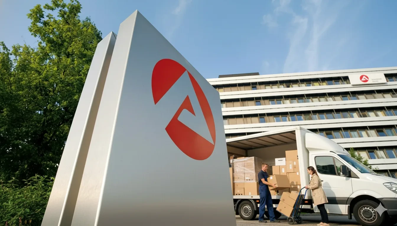 Jobcenter Umzug Braunschweig — Umzugs-LKW und Möbelpacker vor der Bundesagentur für Arbeit